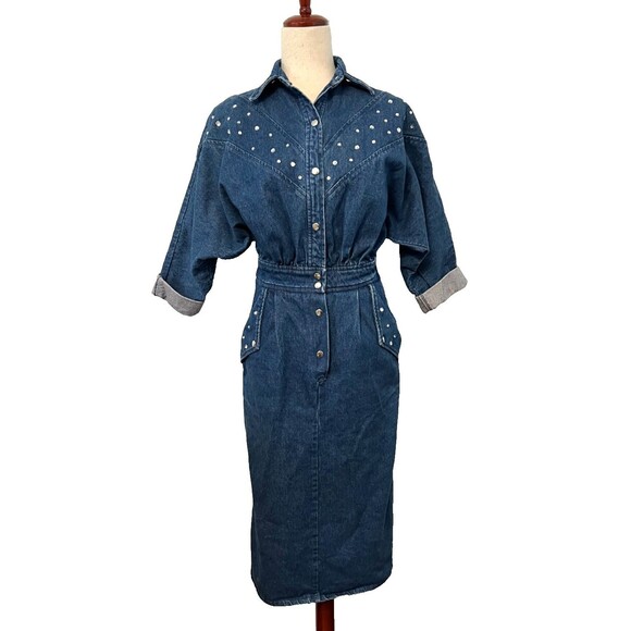Vtg In-Tice-Ment Denim Shirt Dress Women's S/M Blue Jean Dolman Western Cowgirl - Picture 1 of 11
